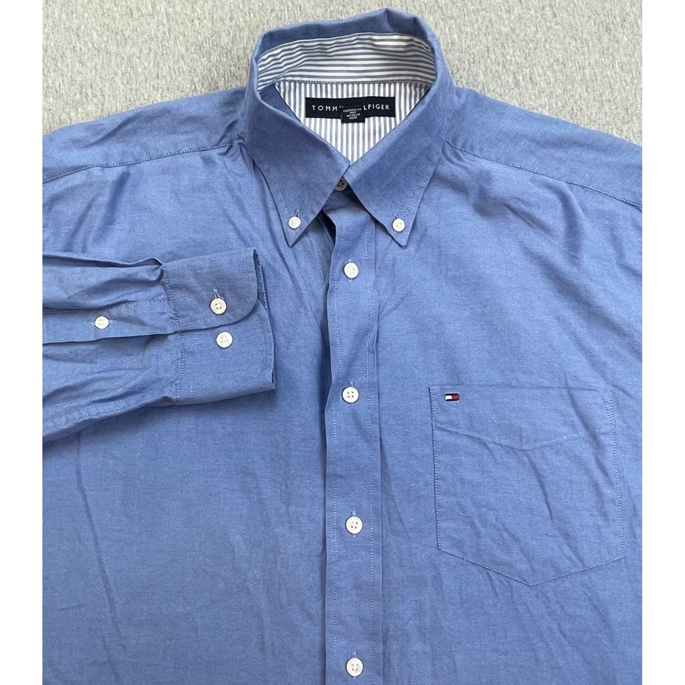 Tommy Hilfiger Shirt Mens Medium Blue 100% Oxford OCBD Logo